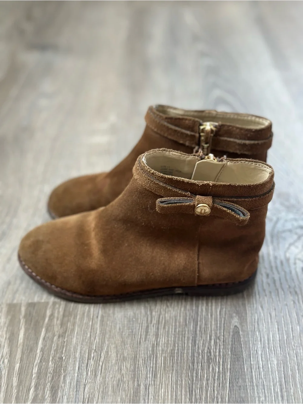Janie and Jack Chestnut Suede Ankle Booties with Gold Accent